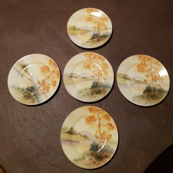 Set Of 5 Nippon Handpainted Mountain Village Countryside Themed Plates